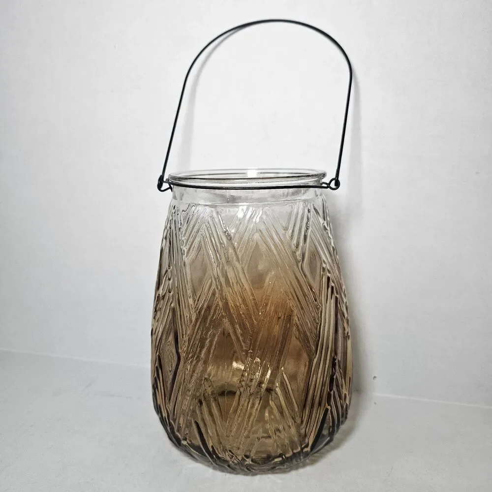 Hatch Pattern Hurricane Candle Lamp Brown Ombre Glass 8